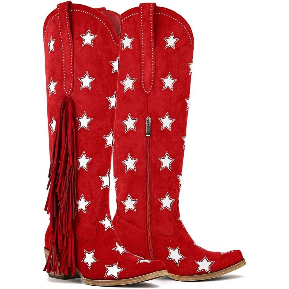 Women's Red Suede Western Knee High With Fringe Cowgirl Boots Rhinestones Stars